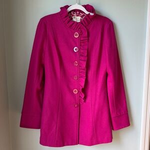 Tulle Anthropologie Wool Ruffle Coat Magenta Pink Button Front Size Medium